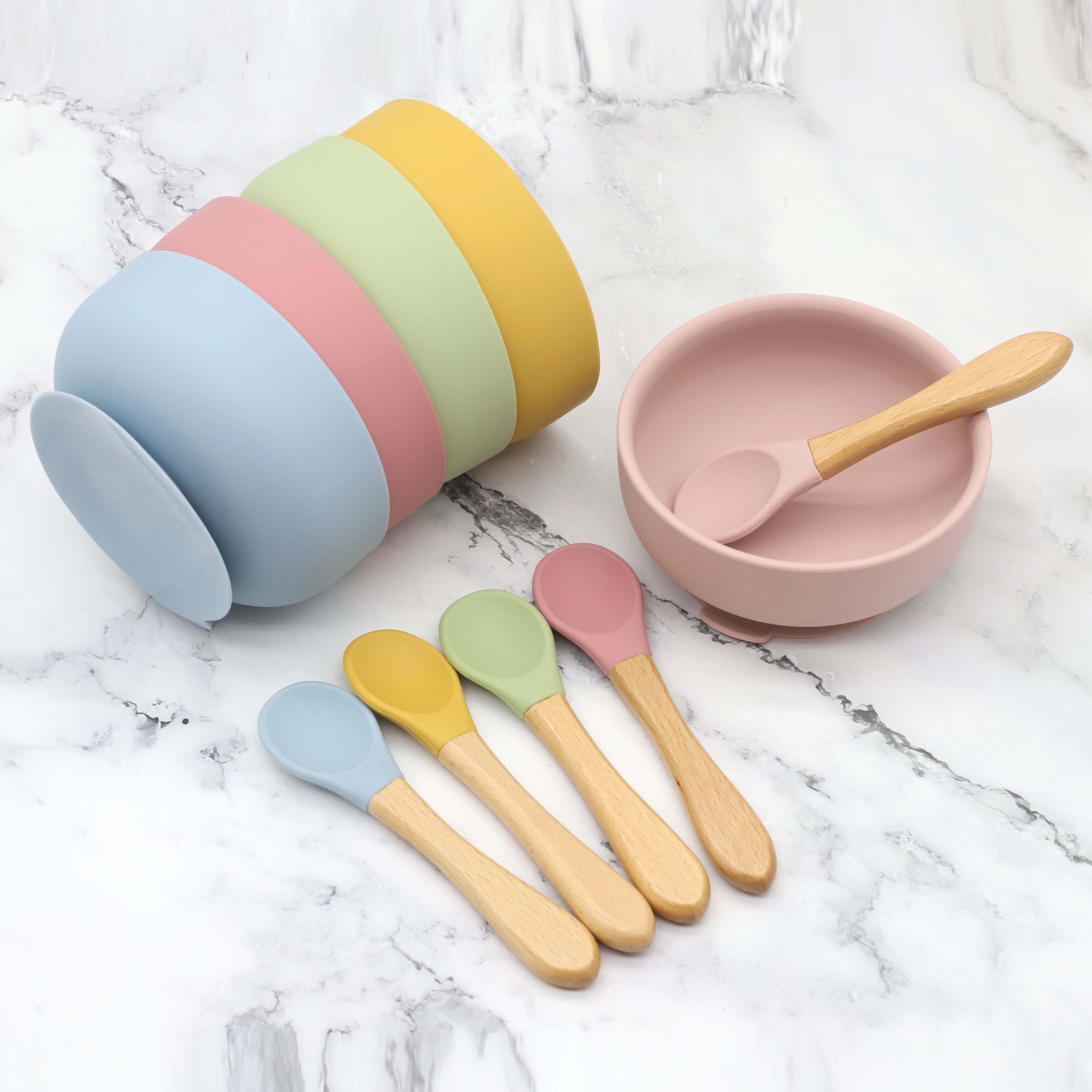 Baby Food Dinner - Silicone bowl with suction cup, wooden